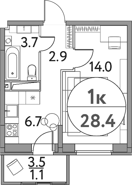 Планировка — Солнечная долина, 1-комн., 27 м²
