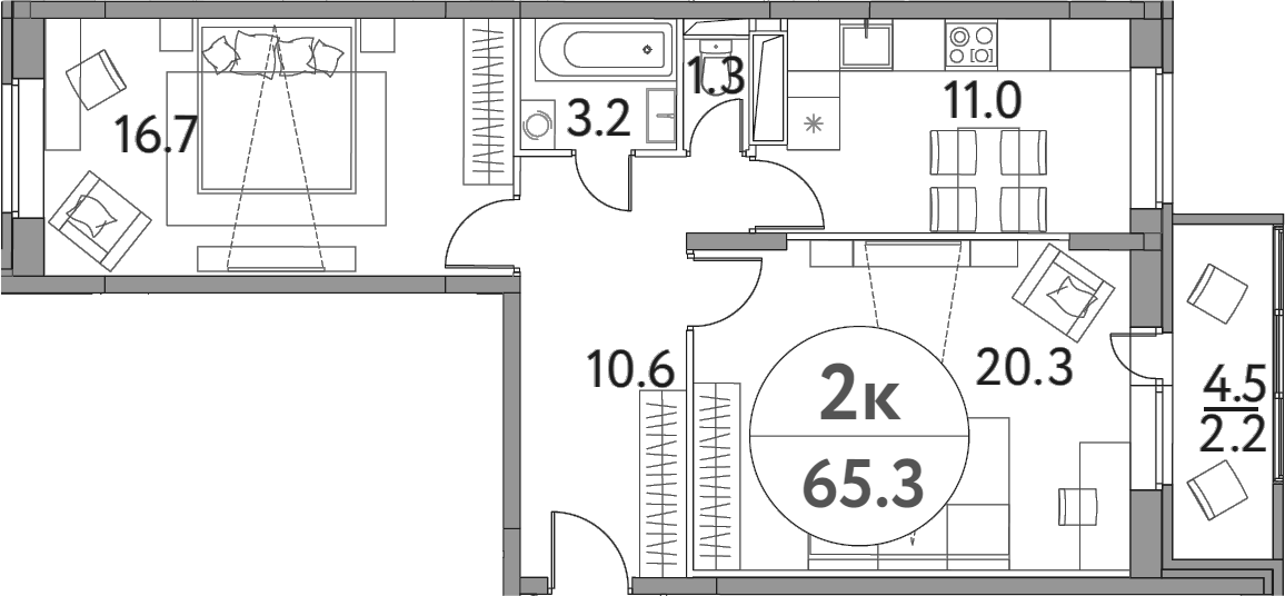 Планировка — Солнечная долина, 2-комн., 63 м²
