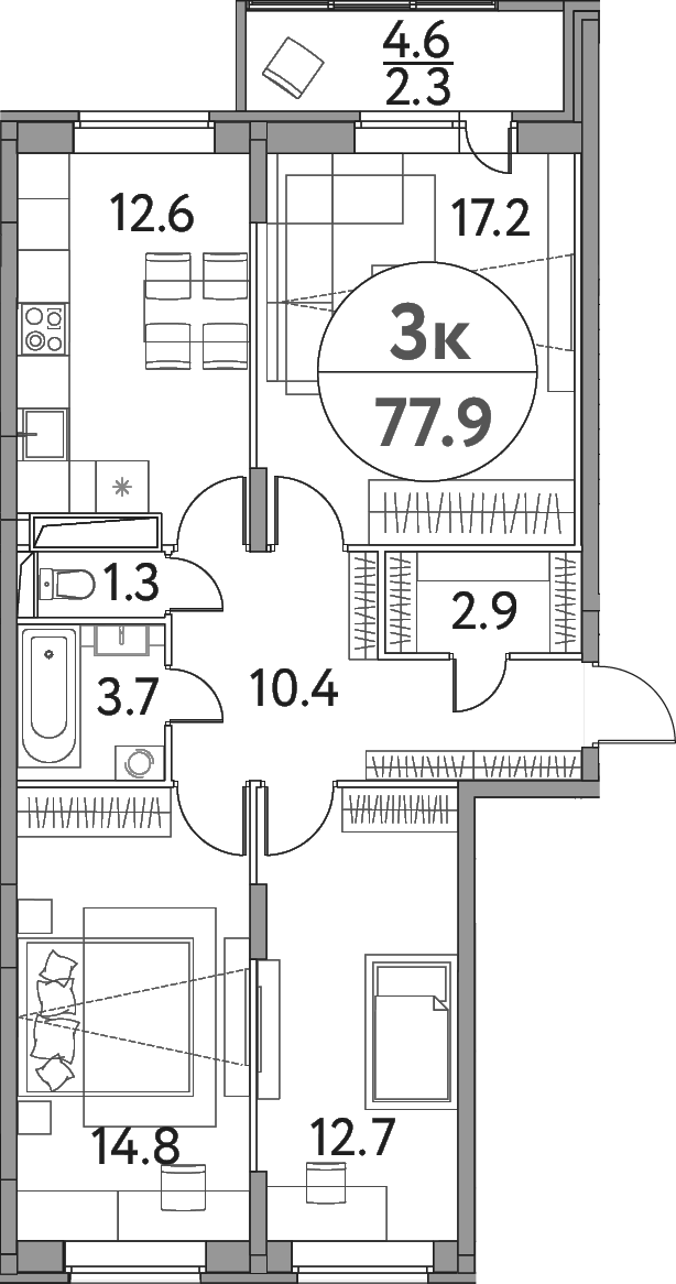 Планировка — Солнечная долина, 3-комн., 76 м²