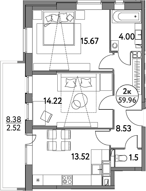 Планировка — Дом на Сиреневой, 2-комн., 57 м²