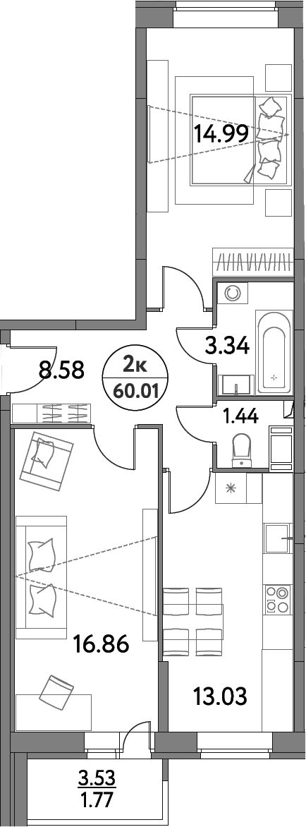 Планировка — Дом на Сиреневой, 2-комн., 58 м²
