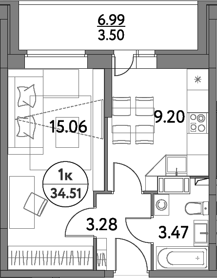 Планировка — Дом на Сиреневой, 1-комн., 31 м²