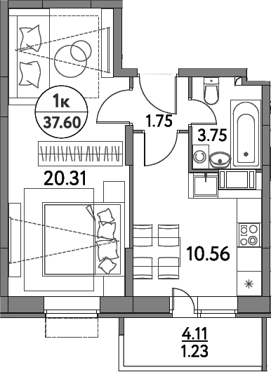 Планировка — Дом на Сиреневой, 1-комн., 36 м²