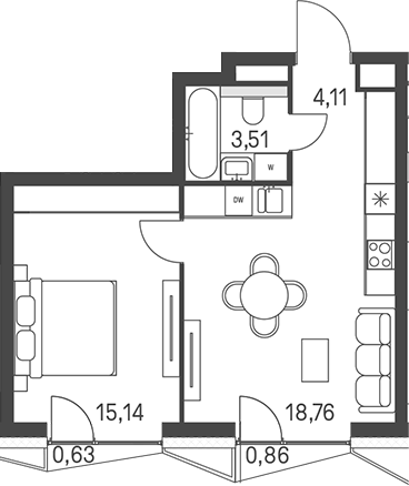 Планировка — Moments, 2-комн., 40 м²