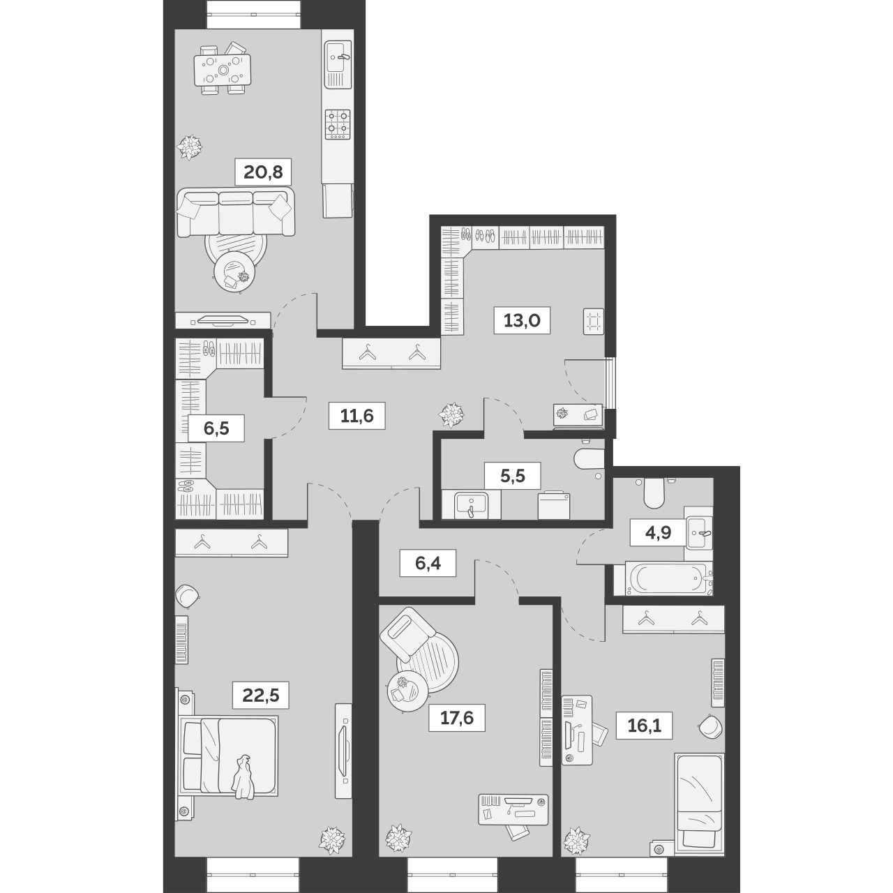 Планировка — Лайм, 4-комн., 125 м²