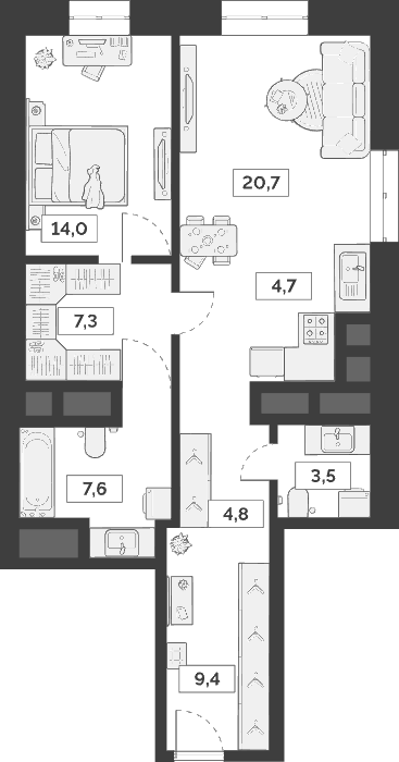 Планировка — Лайм, 2-комн., 72 м²
