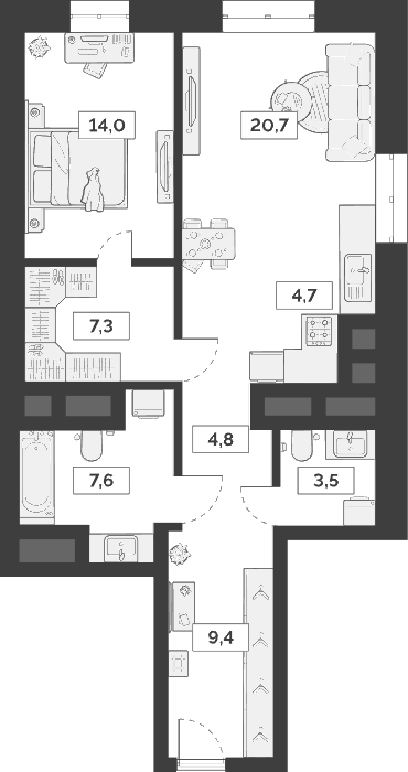 Планировка — Лайм, 2-комн., 72 м²