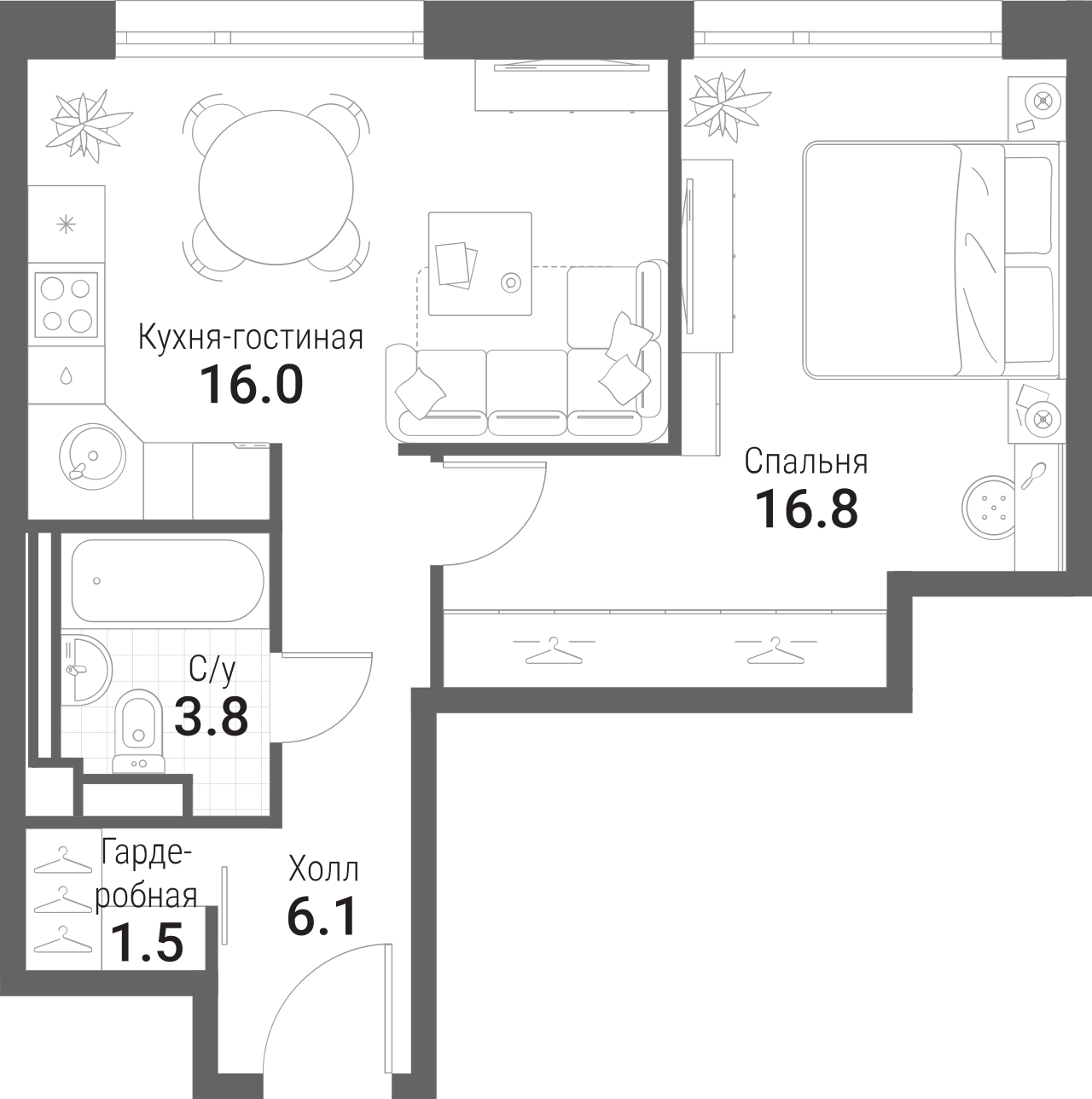 Планировка — Nagatino i-Land, 2-комн., 44 м²