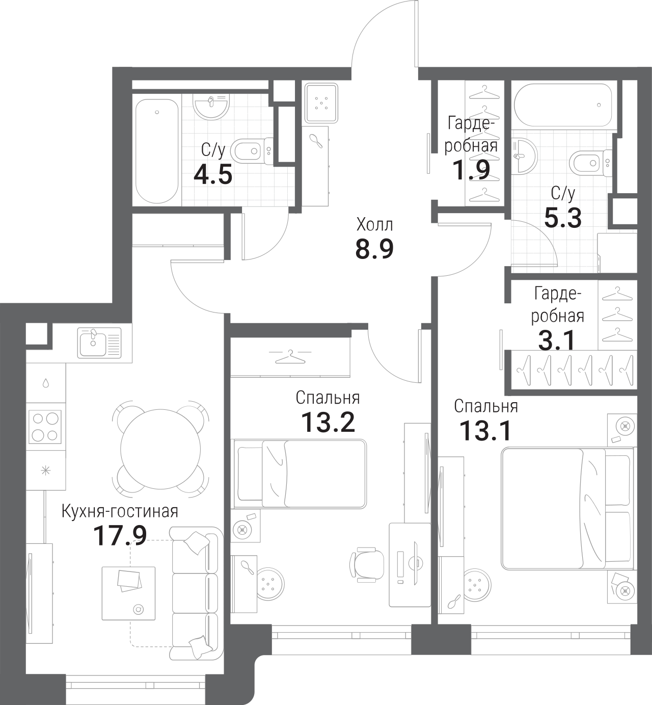 Планировка — Nagatino i-Land, 3-комн., 68 м²