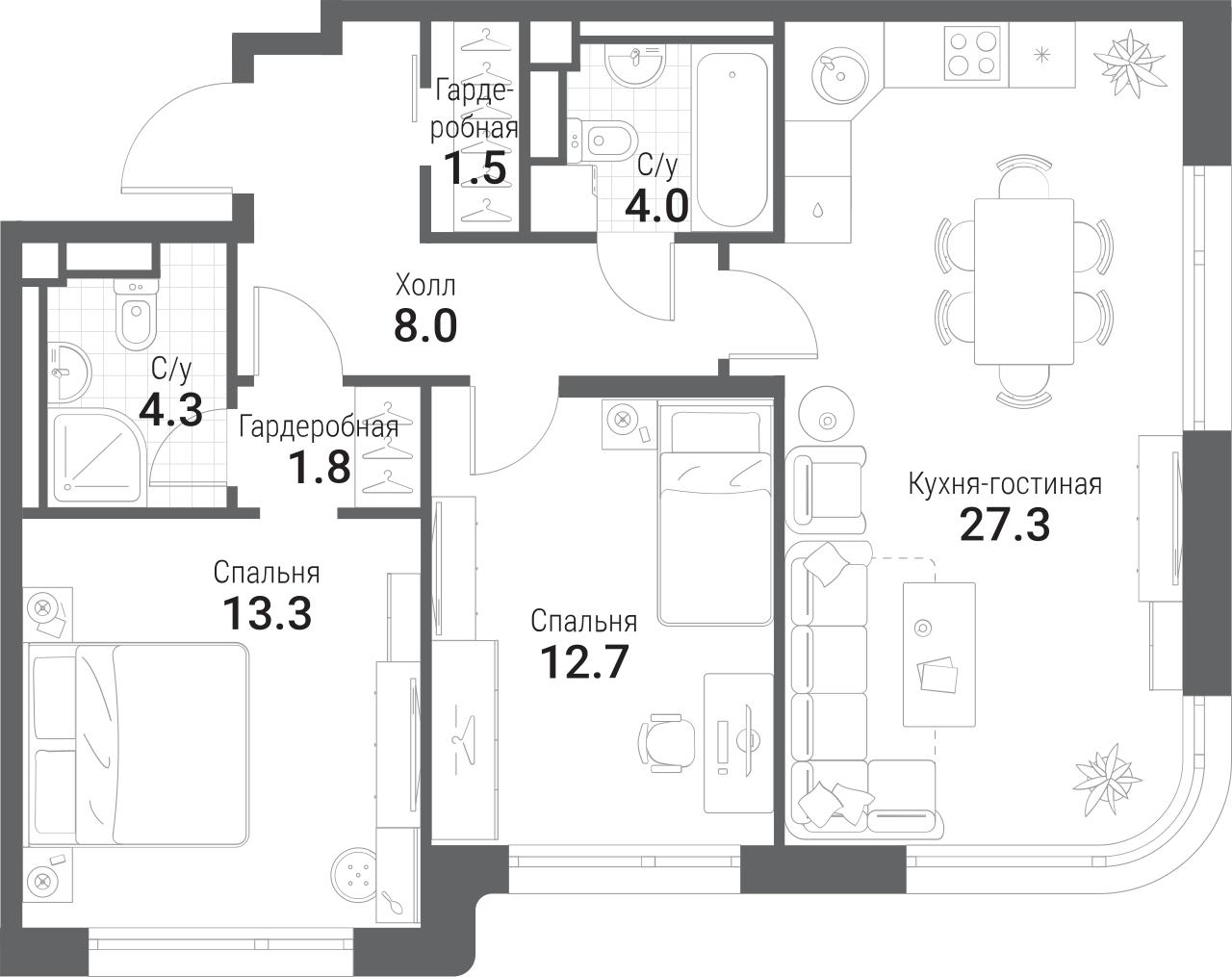 Планировка — Nagatino i-Land, 3-комн., 73 м²