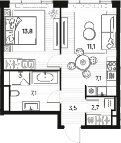 Планировка — ПРАЙД, 2-комн., 45 м²