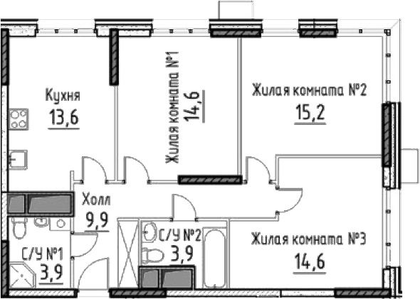 Планировка — Гоголь Парк, 3-комн., 76 м²