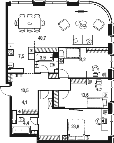 Планировка — Левел Академическая, 4-комн., 123 м²