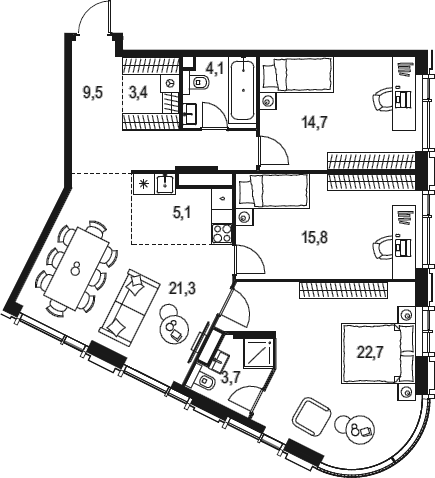 Планировка — Левел Академическая, 4-комн., 100 м²