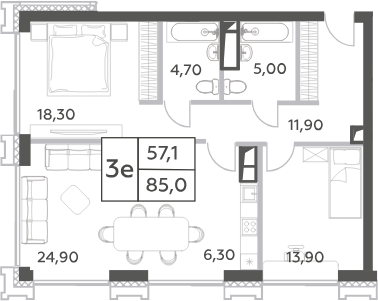 Планировка — Will Towers, 3-комн., 85 м²