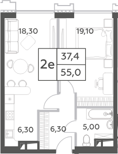 Планировка — Will Towers, 2-комн., 55 м²