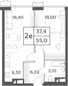Планировка — Will Towers, 2-комн., 55 м²