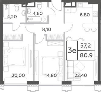 Планировка — Will Towers, 3-комн., 81 м²