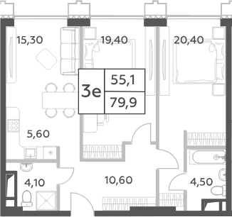Планировка — Will Towers, 3-комн., 80 м²