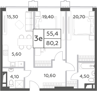 Планировка — Will Towers, 3-комн., 80 м²