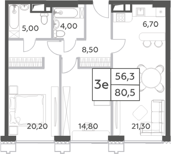 Планировка — Will Towers, 3-комн., 81 м²