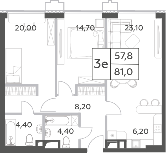 Планировка — Will Towers, 3-комн., 81 м²