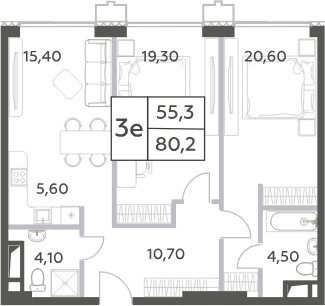 Планировка — Will Towers, 3-комн., 80 м²