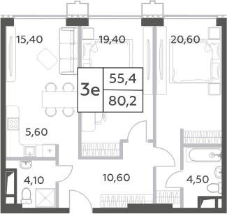 Планировка — Will Towers, 3-комн., 80 м²