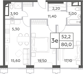 Планировка — Will Towers, 3-комн., 80 м²