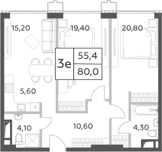 Планировка — Will Towers, 3-комн., 80 м²