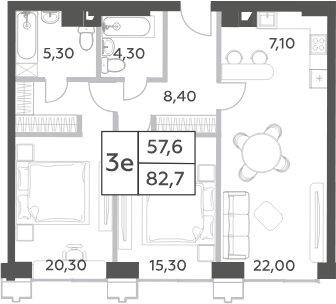 Планировка — Will Towers, 3-комн., 83 м²