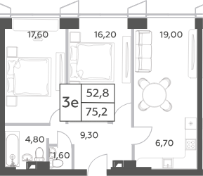 Планировка — Will Towers, 3-комн., 75 м²