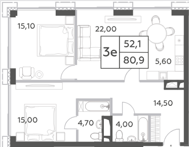 Планировка — Will Towers, 3-комн., 81 м²