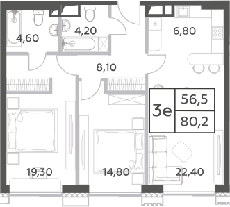 Планировка — Will Towers, 3-комн., 80 м²