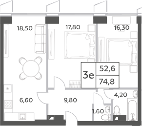 Планировка — Will Towers, 3-комн., 75 м²