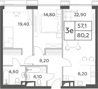 Планировка — Will Towers, 3-комн., 80 м²
