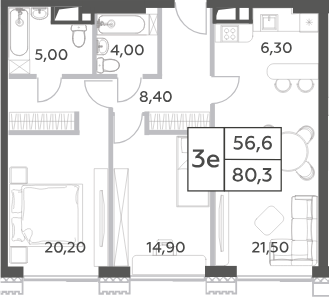 Планировка — Will Towers, 3-комн., 80 м²