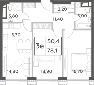 Планировка — Will Towers, 3-комн., 78 м²