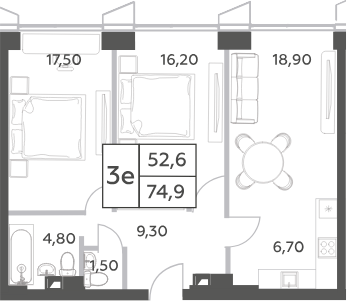 Планировка — Will Towers, 3-комн., 75 м²