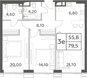 Планировка — Will Towers, 3-комн., 80 м²