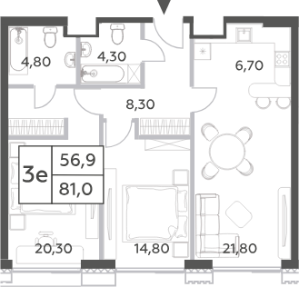 Планировка — Will Towers, 3-комн., 81 м²