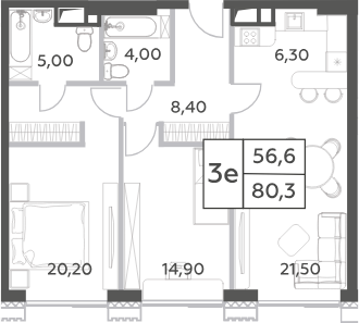 Планировка — Will Towers, 3-комн., 80 м²