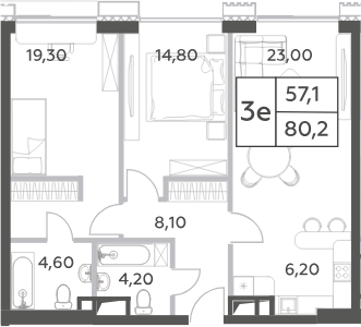 Планировка — Will Towers, 3-комн., 80 м²