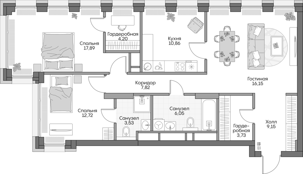 Планировка — Insider, 3-комн., 90 м²