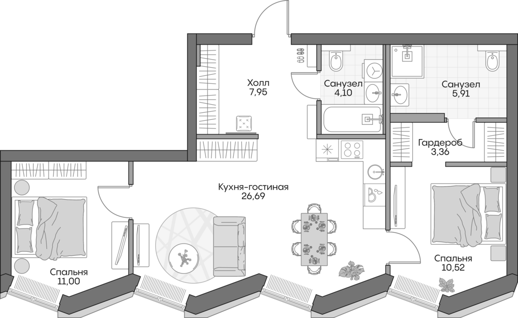 Планировка — Insider, 3-комн., 68 м²