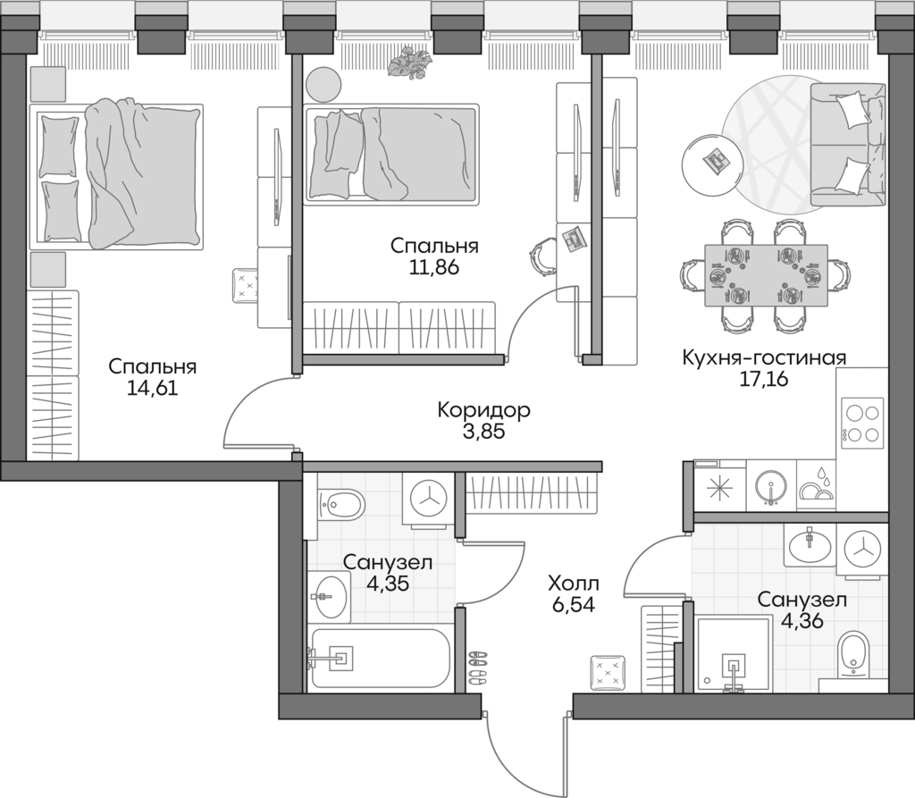 Планировка — Insider, 3-комн., 61 м²