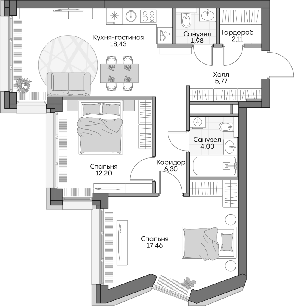 Планировка — Insider, 3-комн., 66 м²