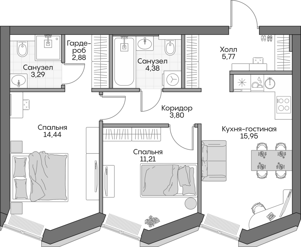 Планировка — Insider, 3-комн., 61 м²