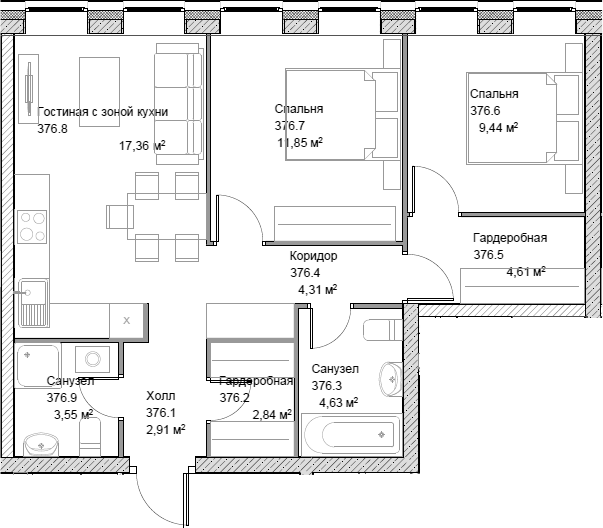 Планировка — Insider, 3-комн., 61 м²