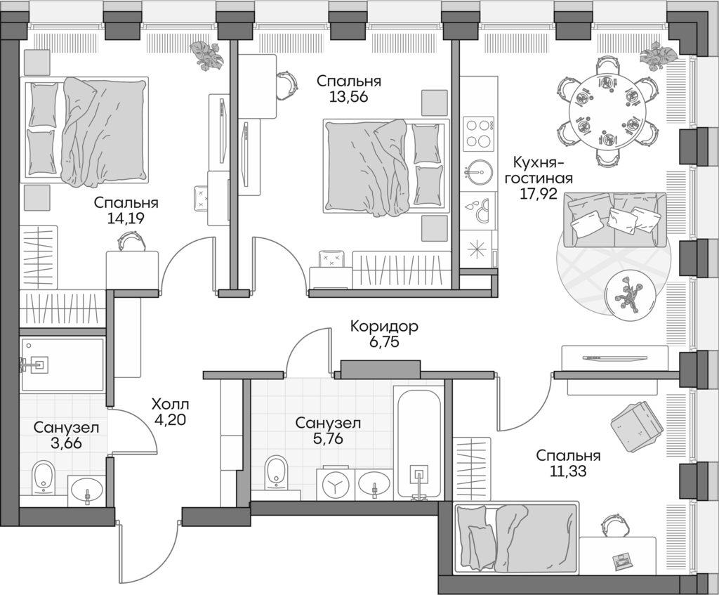 Планировка — Insider, 4-комн., 76 м²